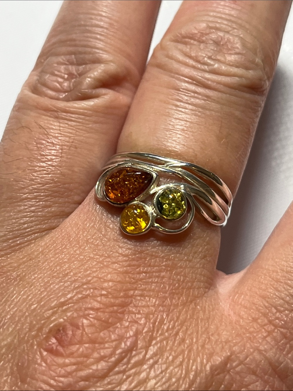 925 Sterling Silver Trio Amber Ring in Cognac, Honey & Olive
Size 8